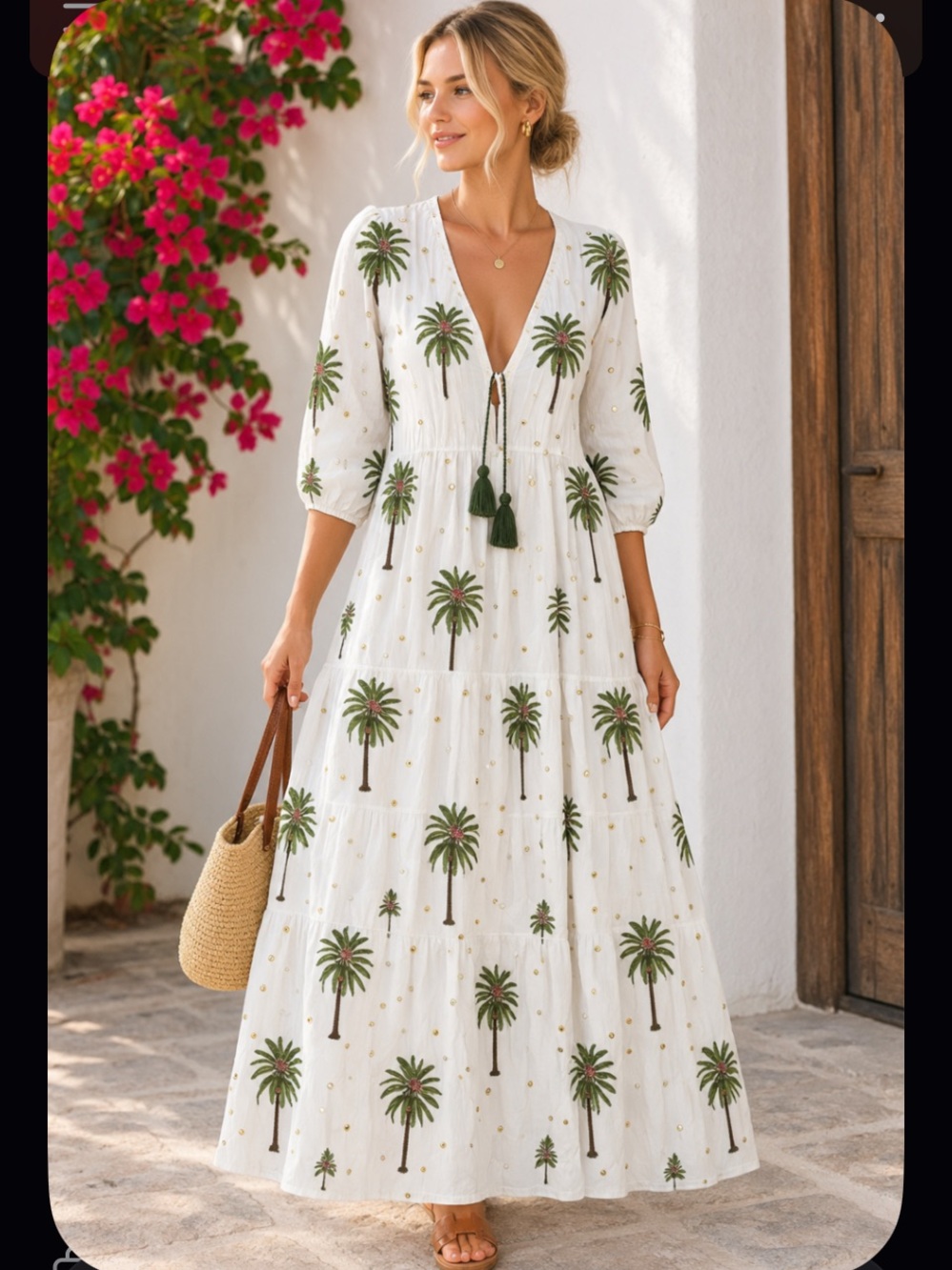 Rare la plage mirror embroidered white palm print maxi dress fall $350 coastal